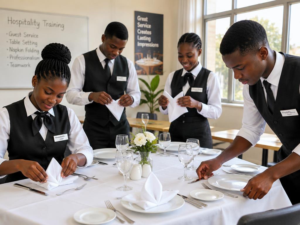 Trainees practising table setting together